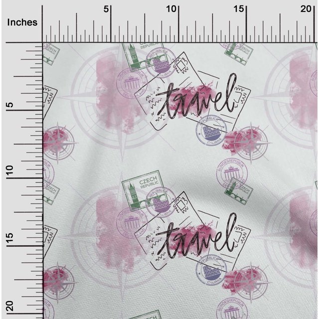 oneOone Georgette Viscose Pink Fabric Stamps & Direction Compass Travel Craft Projects Decor Fabric Printed By The Yard 42 Inch Wide