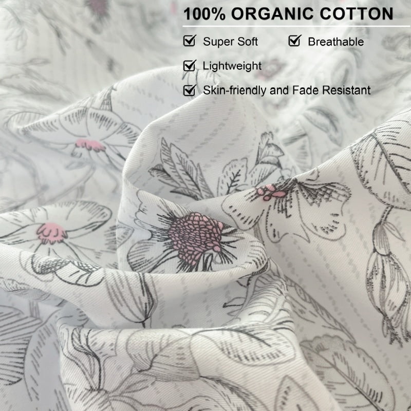 JOLUSERE 100% Organic Cotton Duvet Cover Sets King Size, 3 Pieces Soft Mist White Floral Soft Chic Artistic Bedding Sets