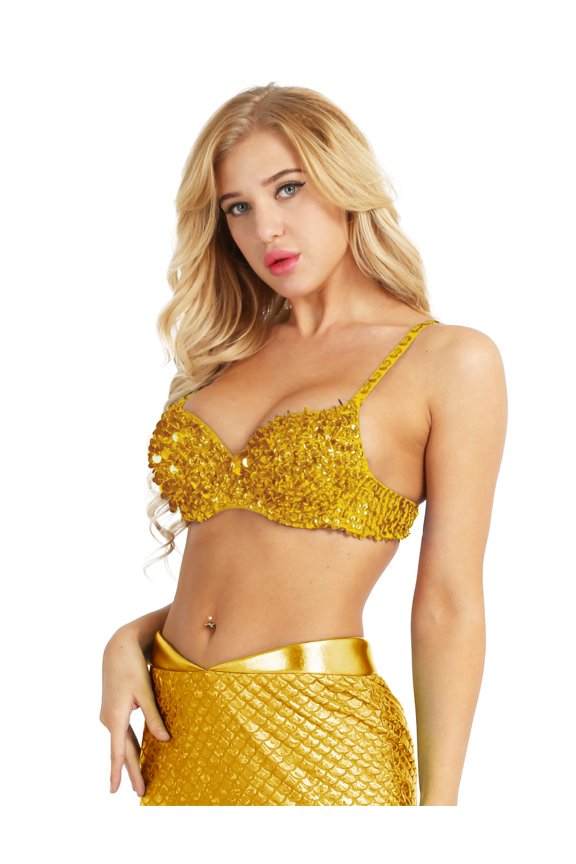 Woman's Sparkle Sequins Beaded Padded Bra Top Bralette Rave Party Belly Dance Crop Top Gold 34/75