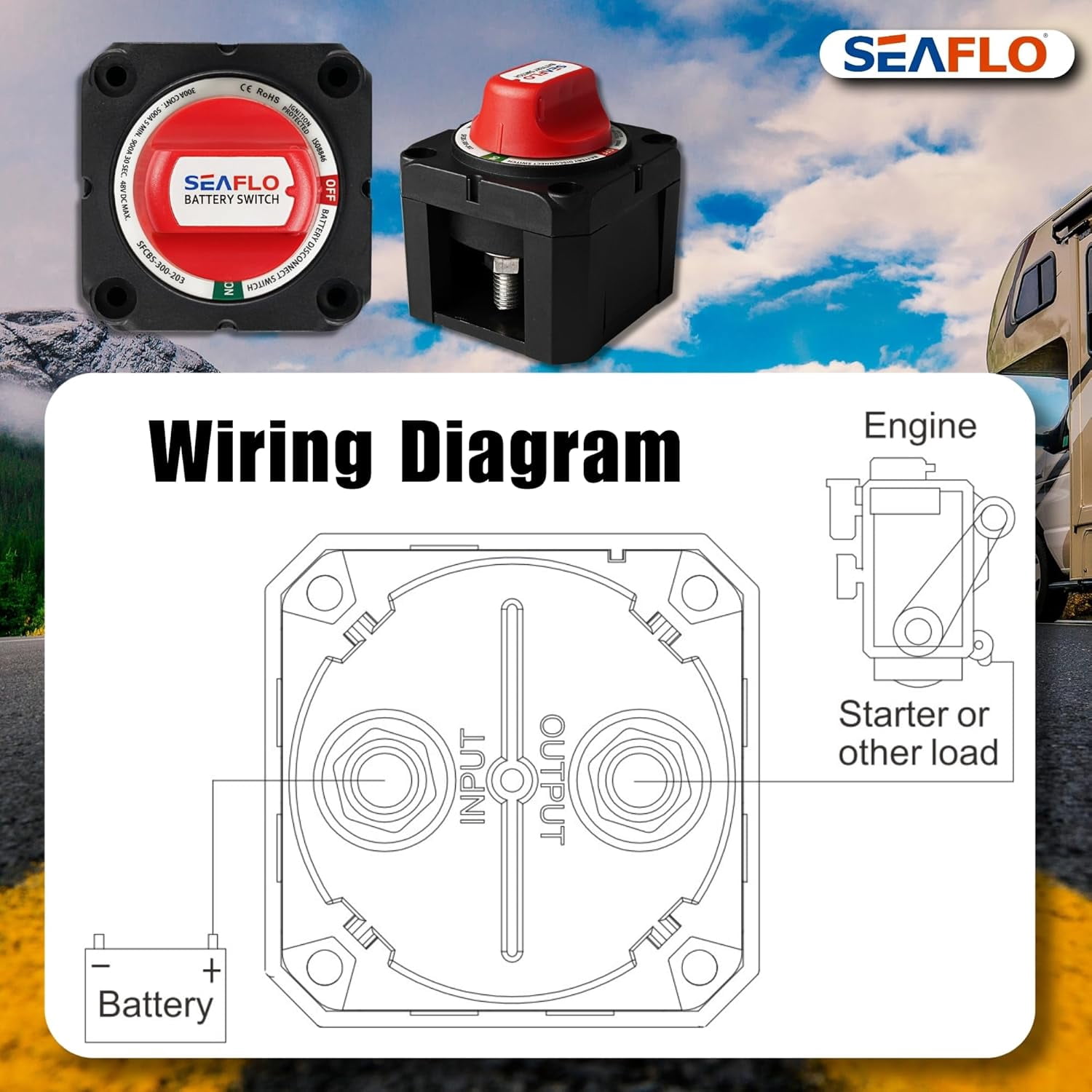 SEAFLO 300A Battery Disconnect Switch – 12V/24V/48V Heavy-Duty Isolator Switch, Single Circuit ON/Off, IP66 Waterproof, Auto, Marine, Boat, RV, Car, ATV – CE & RoHS Certified (On/Off |2-Pack)