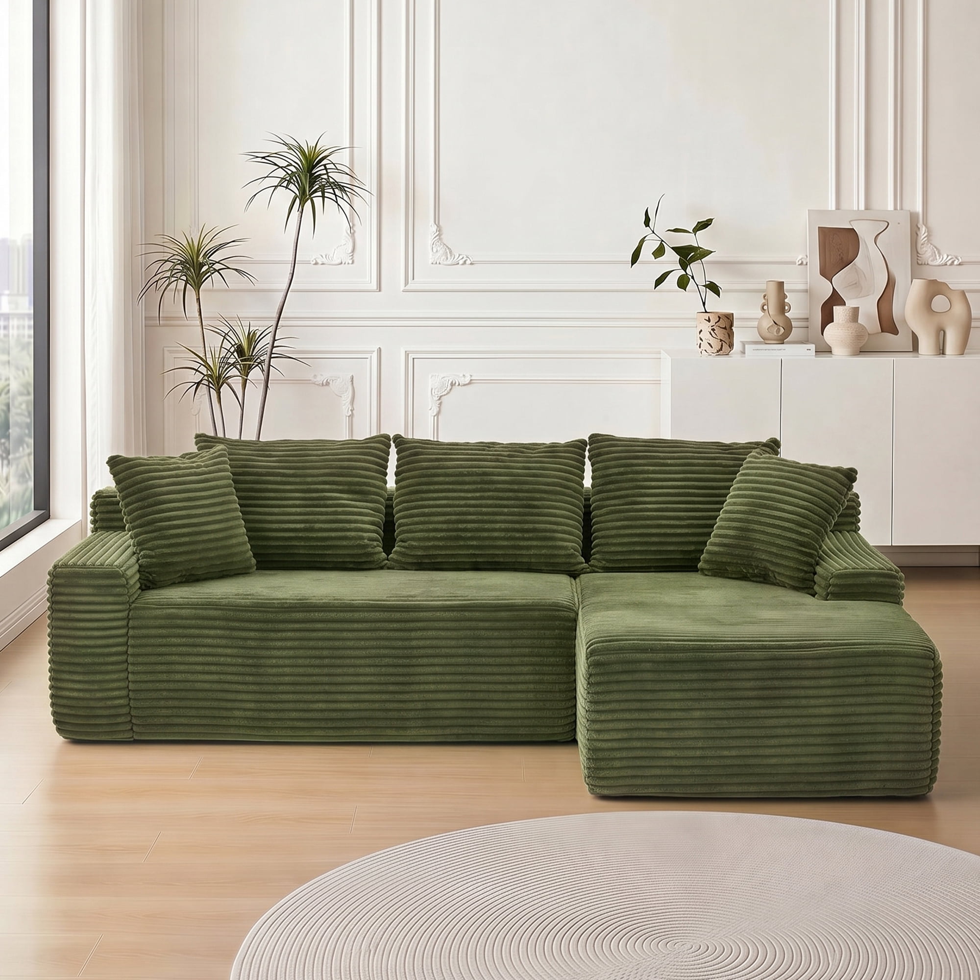 Leumius 95" Boneless Modular Sectional Sofa with Chaise,L-Shaped Comfy Corduroy Couch with Deep Seat,Upholstered Sectional Couch for Living Room, No Assembly,Green