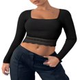 thumbnail image 1 of Womens Ribbed Long Sleeve Crop Tops T Shirts Lace Trim Sweetheart Basic Fitted Tees, 1 of 7
