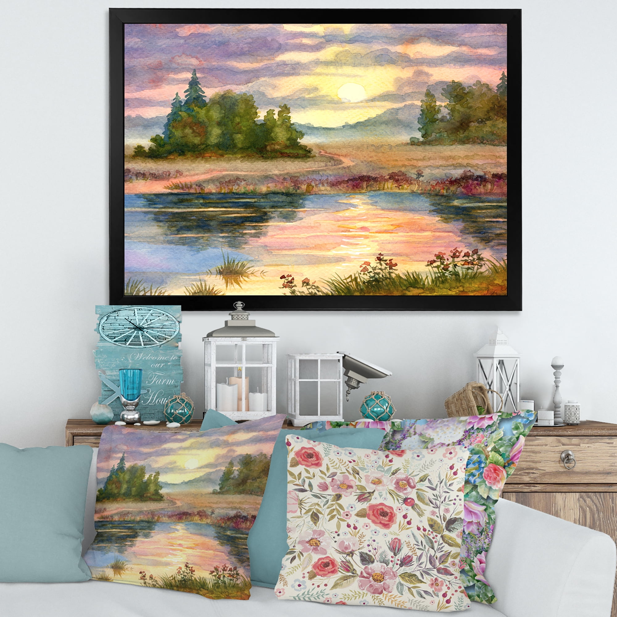 Designart 'The Rural Lake In Sunset Evening I' Traditional Framed Art Print