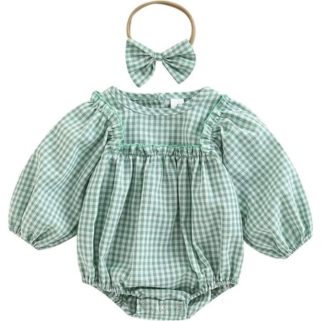

PIKADINGNIS Newborn Baby Girls Clothes Plaid Ruffle Sleeve Romper Jumpsuit with Headband Cute Fall Winter Outfits