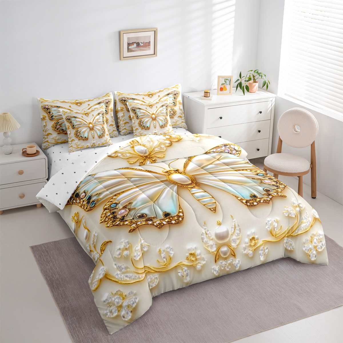 Homewish Chic Flying Butterfly 7-Piece Bedding Comforter Set for Children Teens Girls,Dreamy Princess King Bedding Sets,Exotic Style Ultra Soft Bed Sheets,Lightweight Room Decor,Reversible