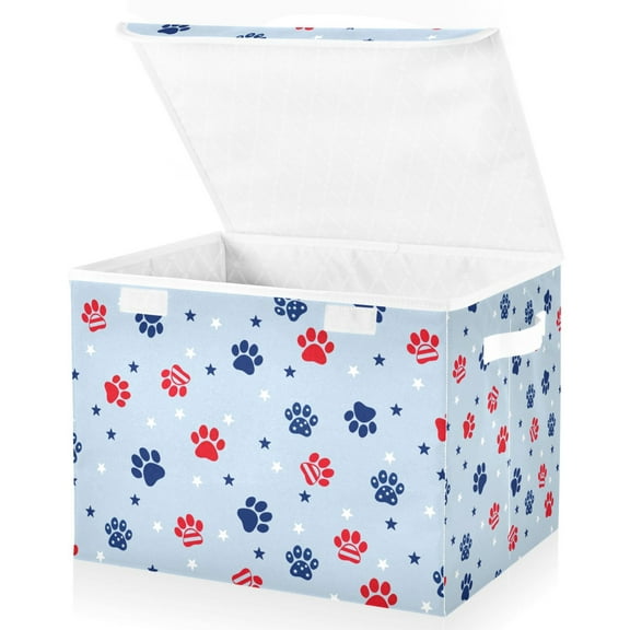 Yayeee Collapsible Cube Storage Bin with Lid Fabric Closet Decorative Basket with Handles, Blue Cartoon Paw Pattern