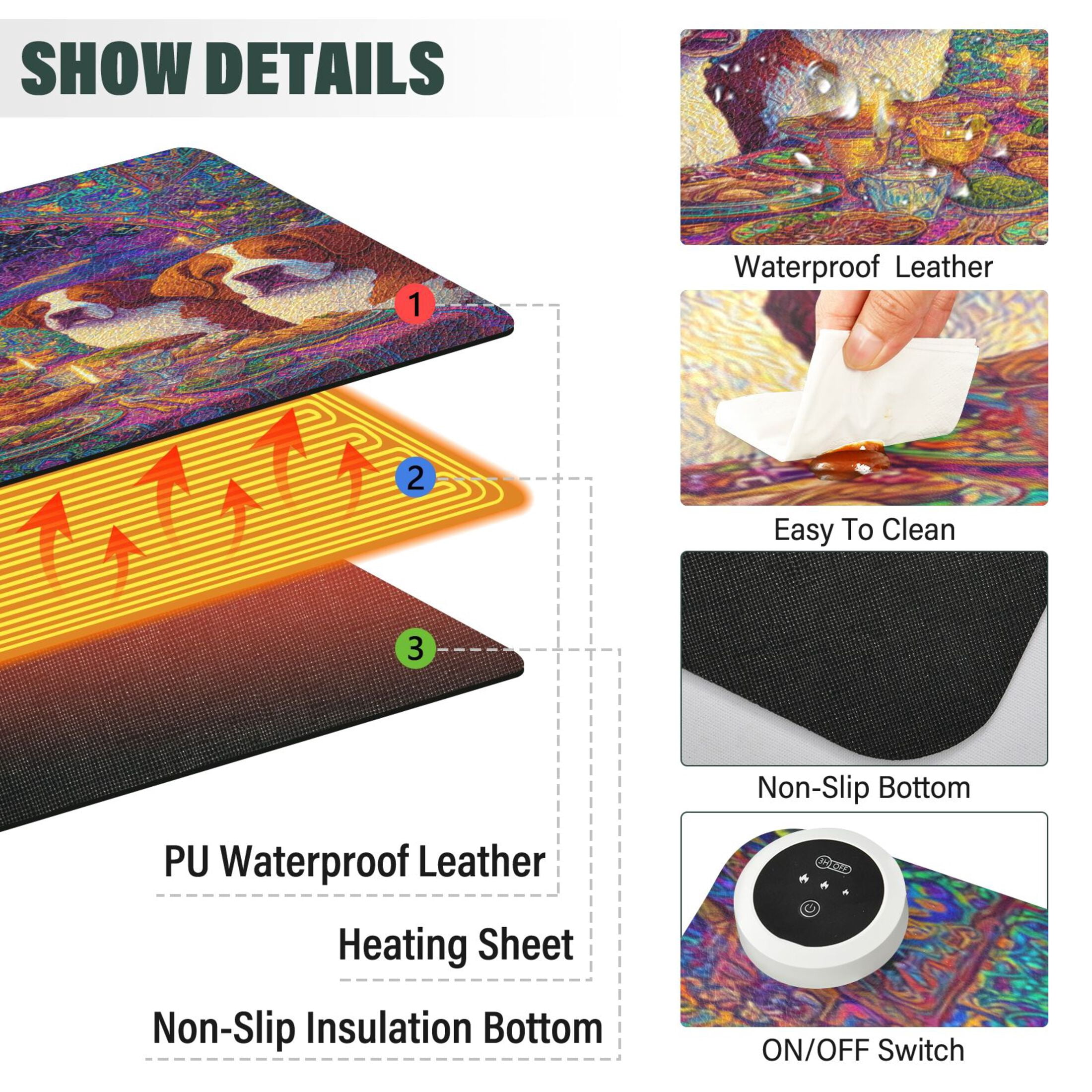 Large Heated Desk Mat Mouse Pad 31.5"x13"PU Leather Graphene Heating Desk Warmer with 3 Temperature Settings 110V US Plug Non-Slip Warm Pad for Home, Office, and Gaming Big Dogs Celebrating Christmas