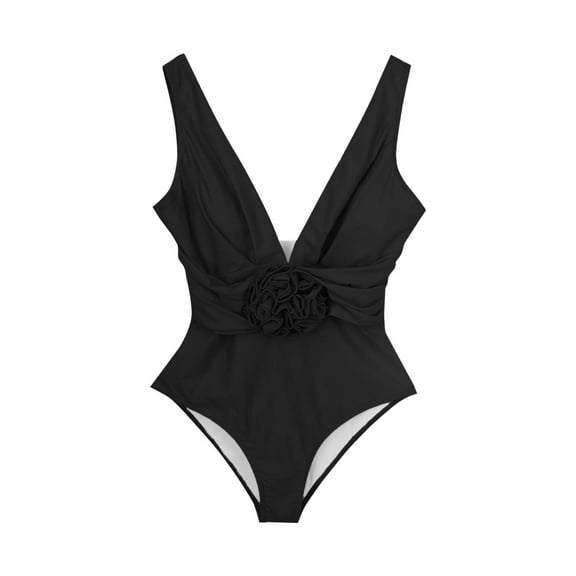 Xfvqtps Womens One Piece Swimsuit High Cut Backless Deep V Neck Tummy Control Floral Solid Color Beach Summer Monokini Thong Swimsuit Black