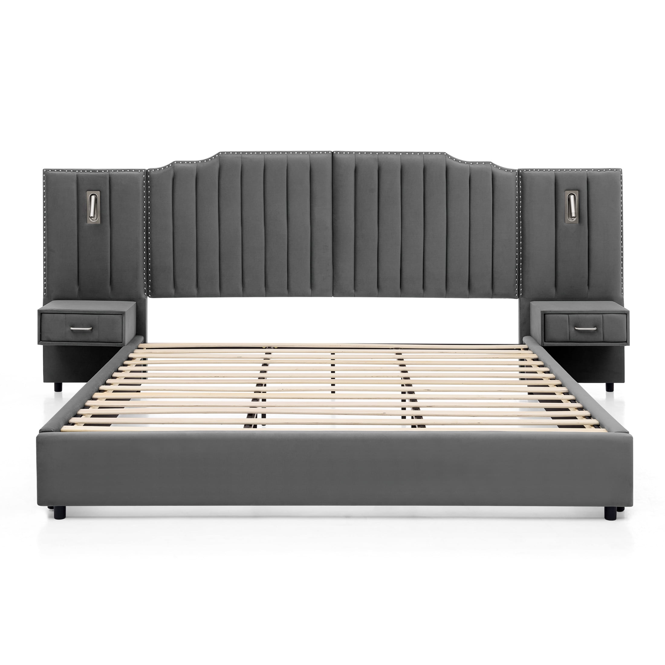 Noble House Neville 118" King Size Upholstered Bed Frame, Velvet Vertical Stripe Platform Bed with Lights, Gray