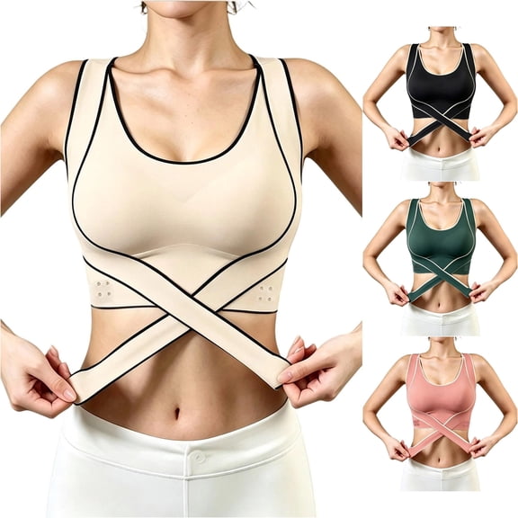 VBEWZET Women Wire‑Free Adjustable Strap Sports Bra Front‑Fasten Posture Correction Push‑Up Side Support Anti‑Sag Brassiere Beige XL