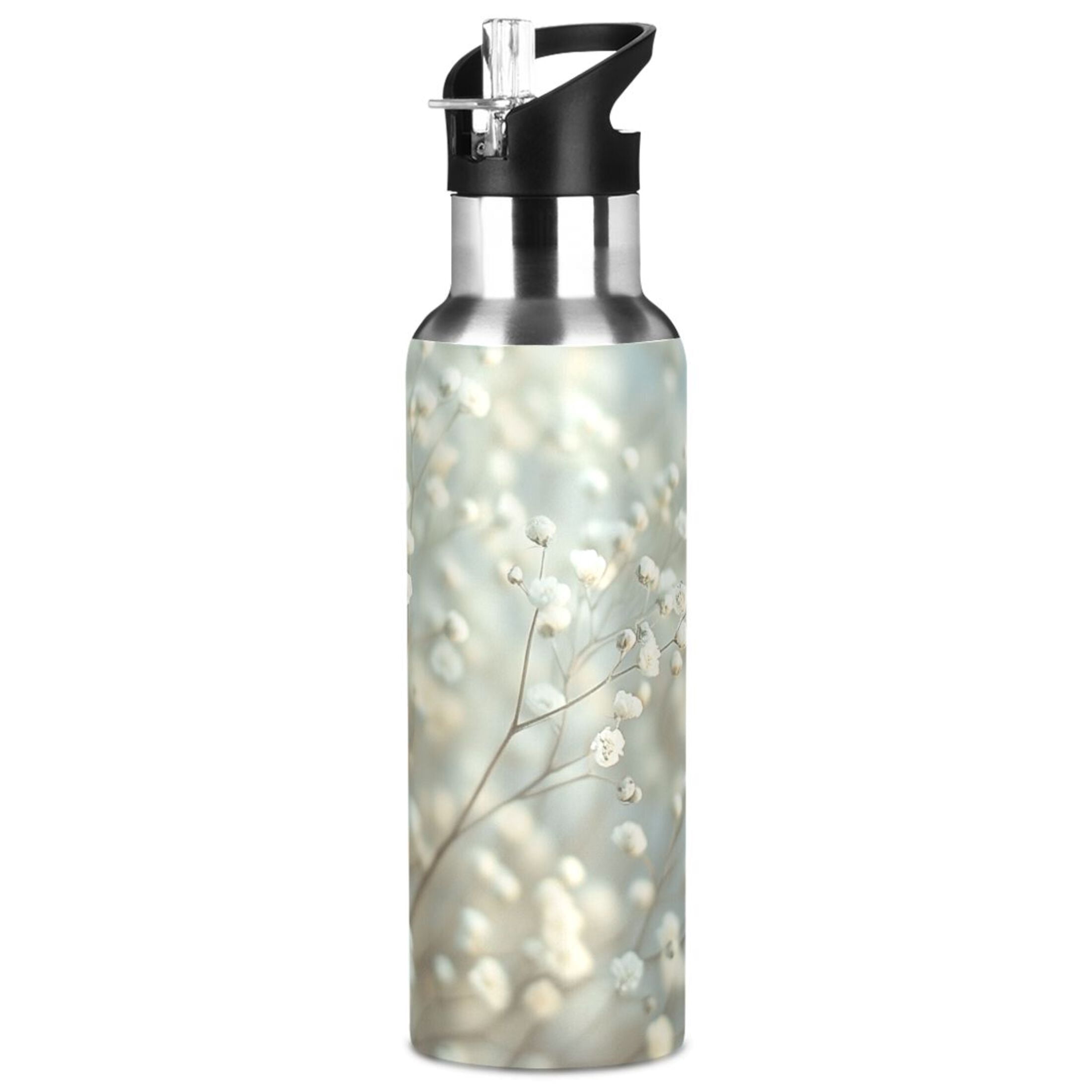 Beautiful Babysbreath Sports Bottle with Straw Stainless Steel Water Jug Portable Thermal Cup Leak-proof 600ML