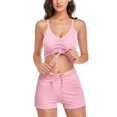 thumbnail image 3 of Bañador acanalado de una pieza para mujer, traje de baño de cintura alta con aros y cuello en V profundo, color sólido, rosa y negro, sin espalda, 3 of 5