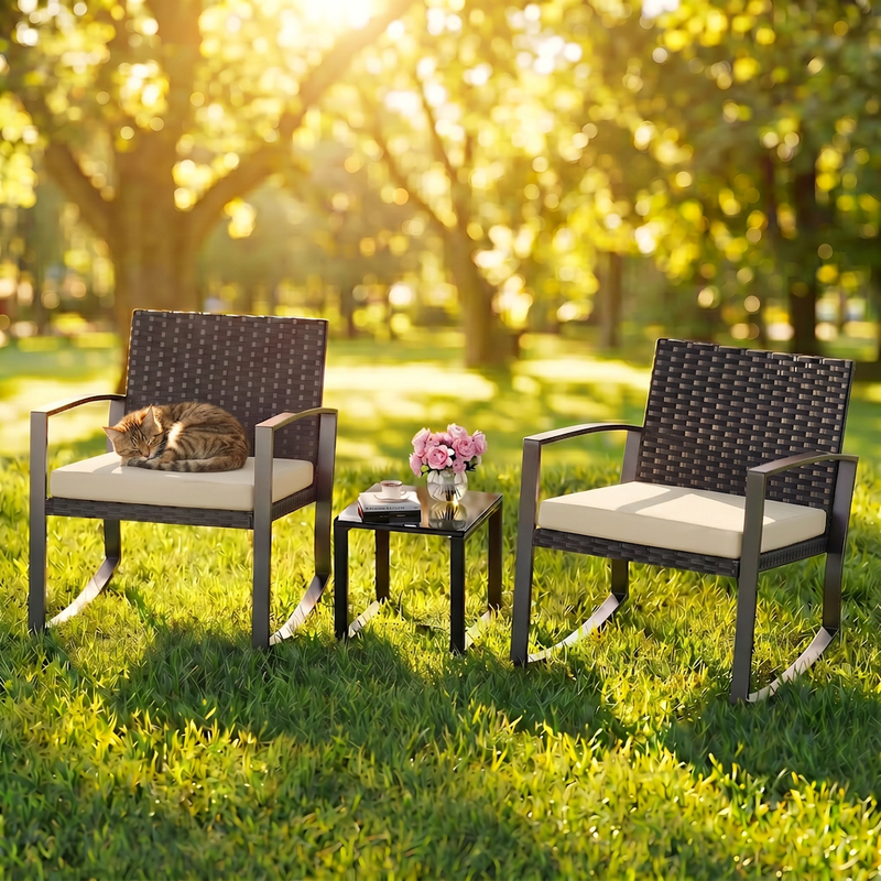 Aiho 3-Piece Rattan Rocking Set–Outdoor Patio Conversation Furniture with Coffee Table for Balcony, Garden, Backyard, or Poolside (Beige)