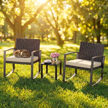Aiho 3-Piece Rattan Rocking Set-Outdoor Patio Conversation Furniture with Coffee Table for Balcony Garden Backyard or Poolside (Beige)