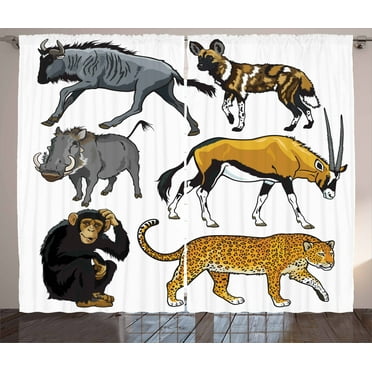 Ambesonne Zoo Curtains 2 Panel Set, Cartoon Wild Animals Africa, 108" x 90", Multicolor