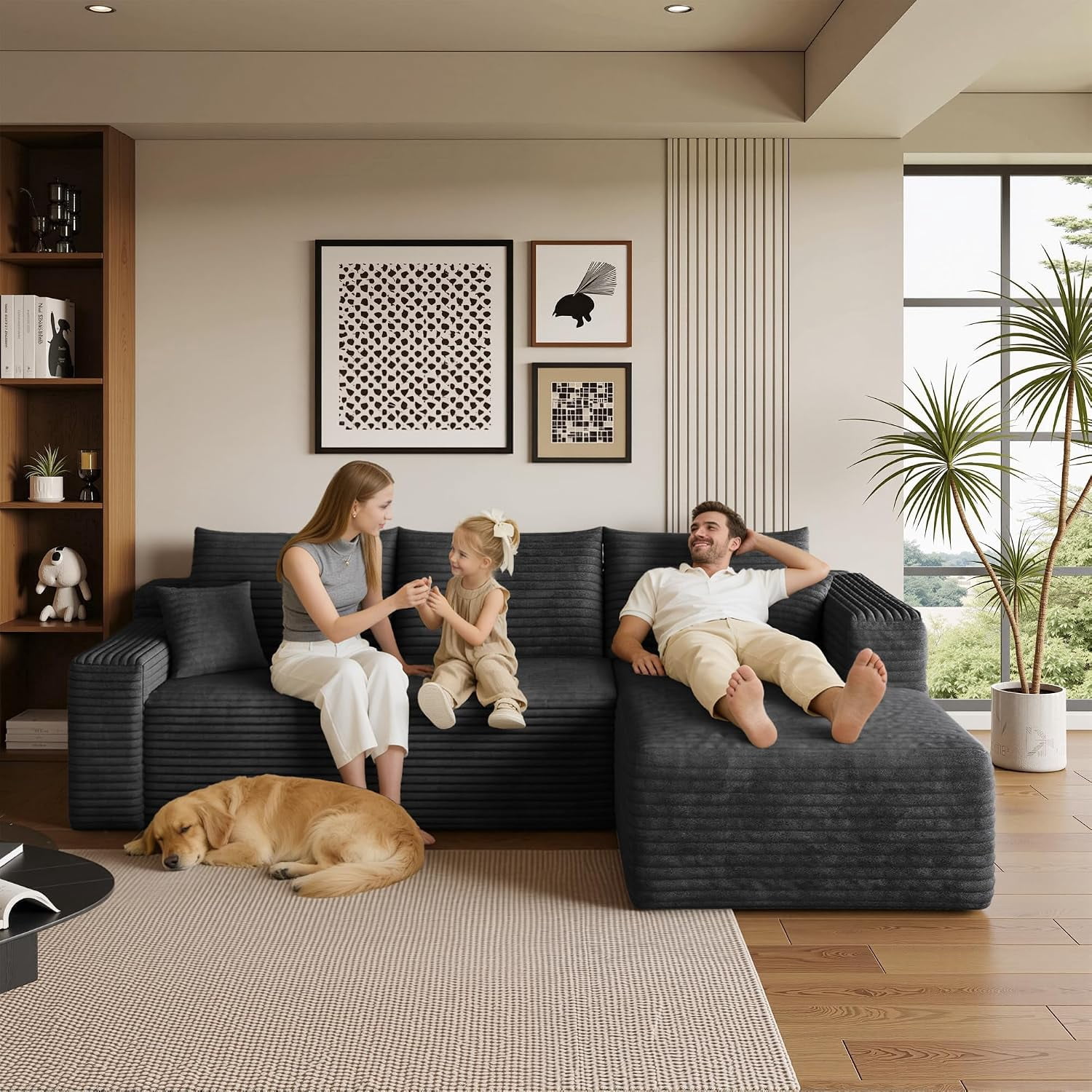 MOONMISS 95" Cloud Sectional Sofa,Modern Minimalist Upholstered Couches, L Shaped Deep Seat Corner Couch Sofa for Living Room,Black Corduroy