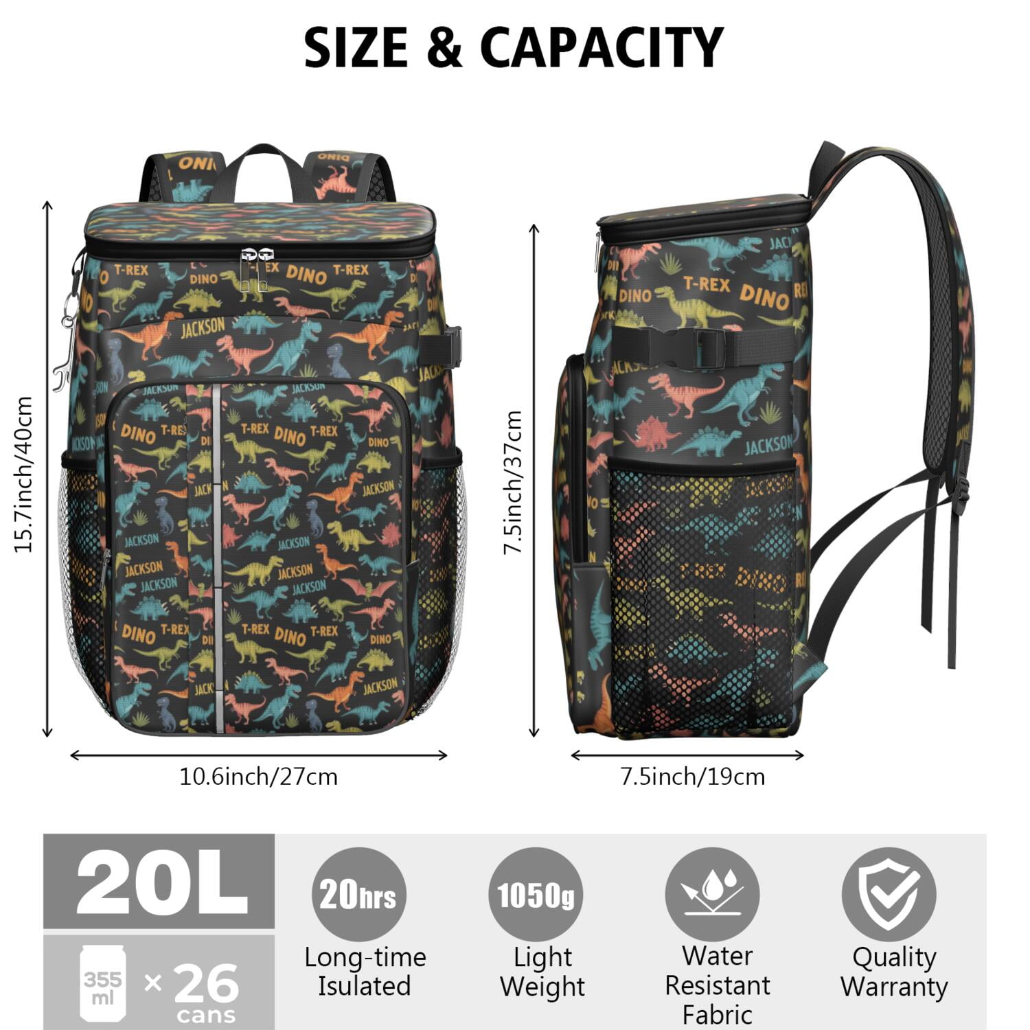 Travel Cooler Bag - Black Cartoon Dinosaurs Names Pattern Camping Beer Cooler Backpack with Bottle Opener- Waterproof Insulated Picnic Backpacks - Cooler Bag for Beach