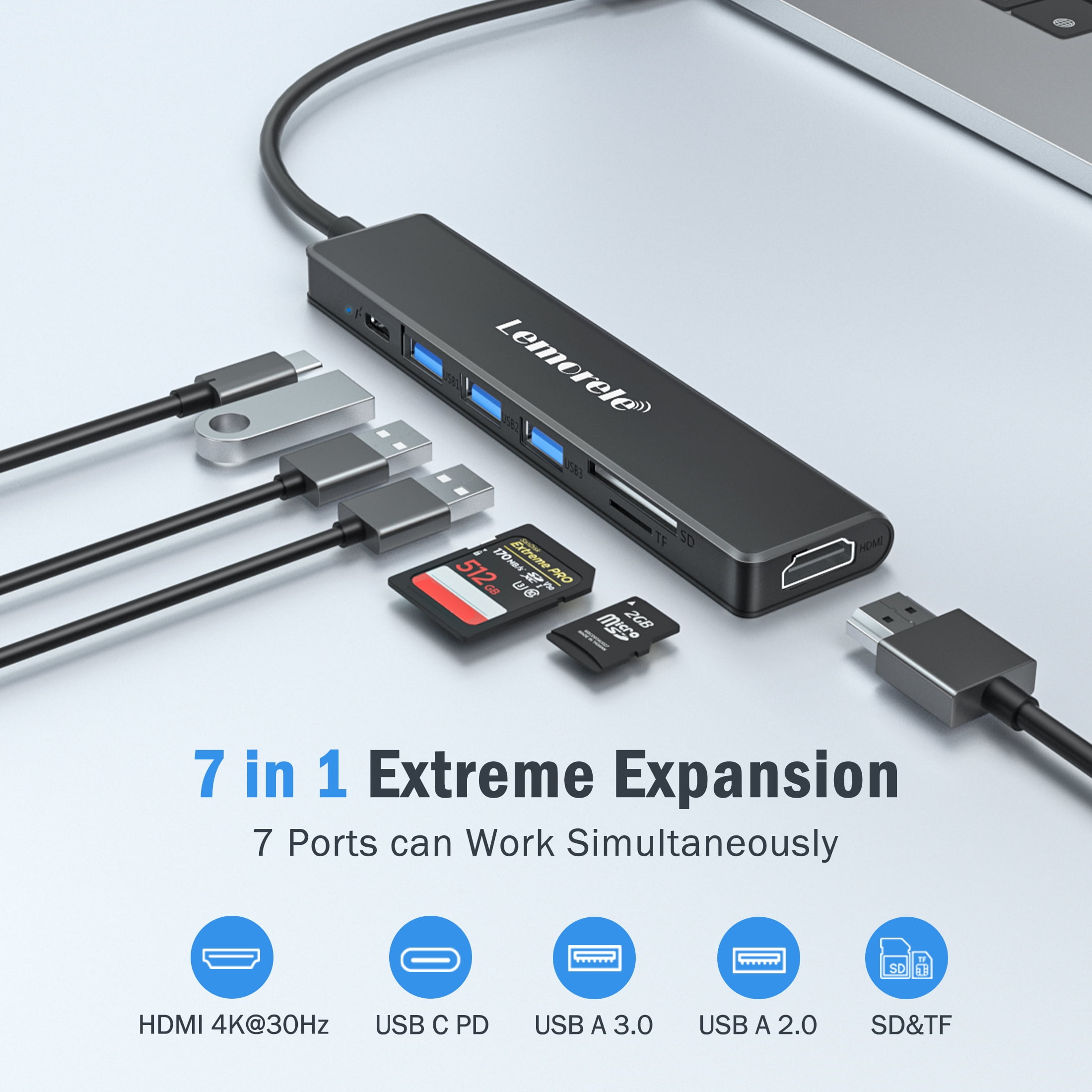 Lemorele USB-C Hub, Docking Station, 7-in-1 USB C Adapter with 4K HDMI,  USB 3.0/2.0 Data Ports, SD/TF Card Reader, 100W PD Fast Charging