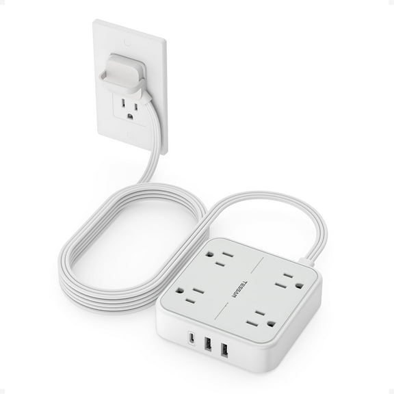 Surge Protector Power Strip, Ring Pull Flat Plug Extension Cord 10 Ft with 3 USB (1 USB C) 4 Outlets, 900 Joules Protection, Desktop Charging Station for Home, Office, College, Dorm Room, Gray