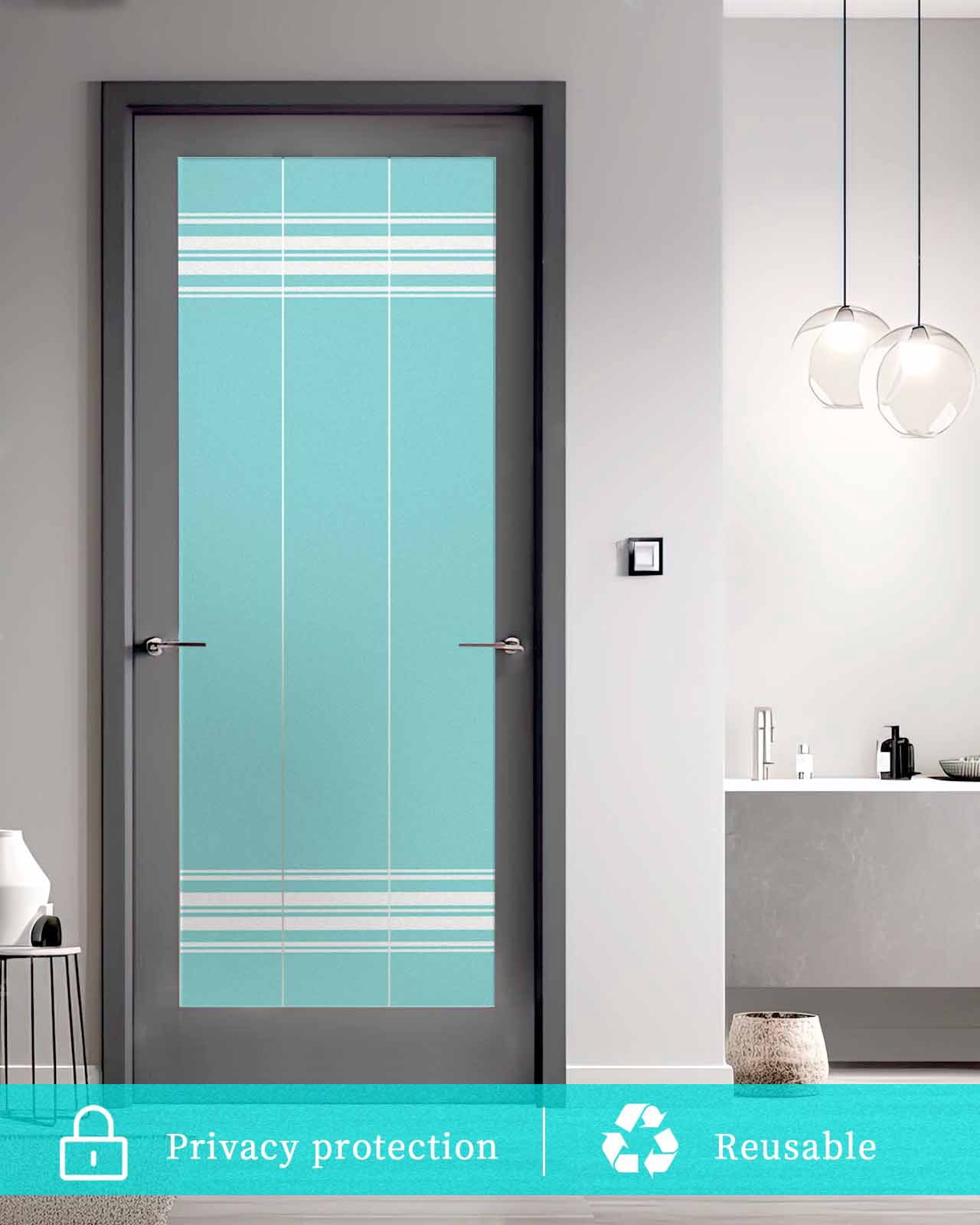 Window Privacy Film, Aqua Stripes UV Sun Blocking Window Tint Film Heat Control One Way Blackout Window Film, Farmhouse Modern Vertical Lines Non Adhesive Static Cling Window Sticker 19.6x39.3 In