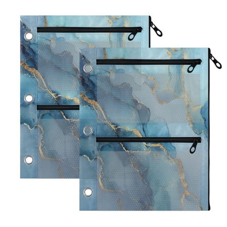 2 Pack 3-Ring Binder Pencil Pouch with Clear PVC Windows Light Blue Gold Marble Pattern Large Capacity Stationery Bag for Classroom Office Supplies