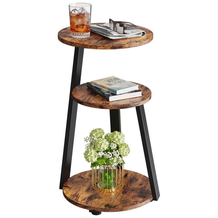 biemlerfn end side table, round sofa table with metal frame, 3-tier coffee table nightstand for home, black&brown