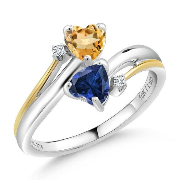 Gem Stone King 0.98 Cttw Citrine Blue Created Sapphire and White Lab Grown Diamond 2 Heart Promise Couple Engagement Mother Ring | 925 Sterling Silver and 10K Yellow Gold Yellow | Size 5