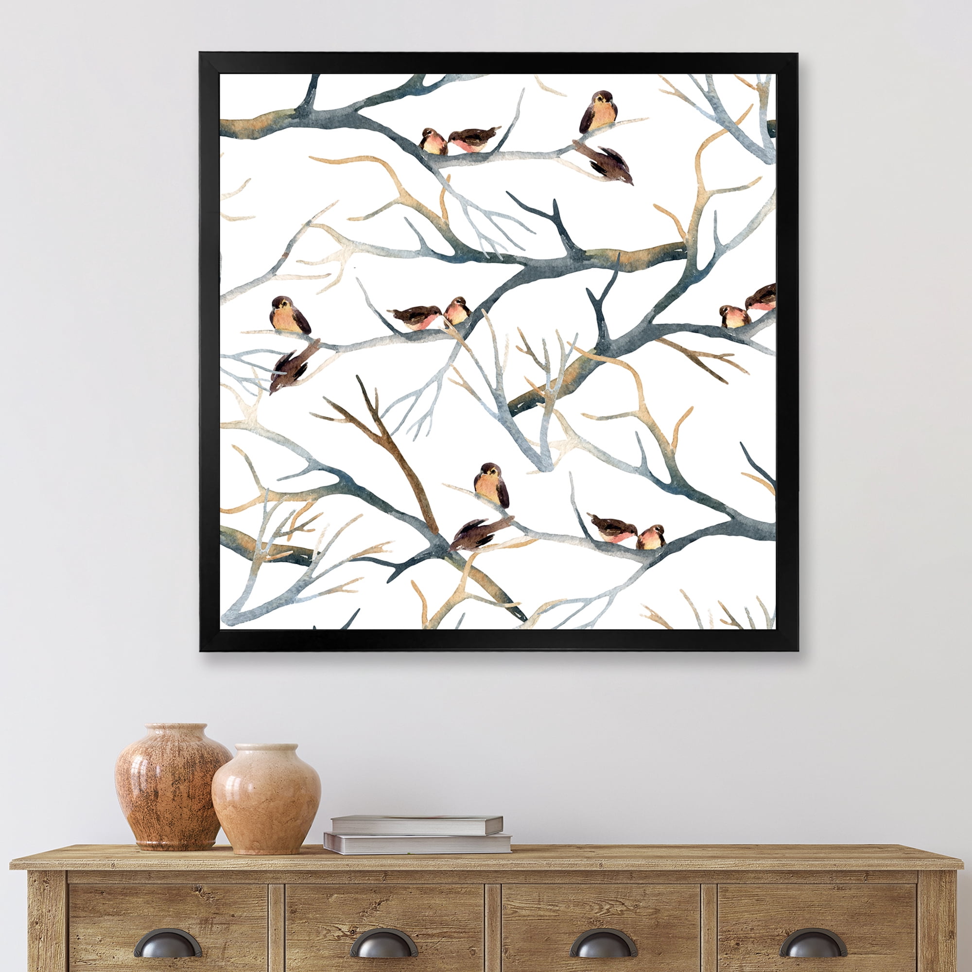 Designart 'Little Birds Sitting On The Tree Branches I' Traditional Framed Art Print