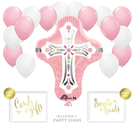 Girl Baptism Christening Confirmation Cross Balloon 19-Piece Party Décor Kit With Signs, Pink