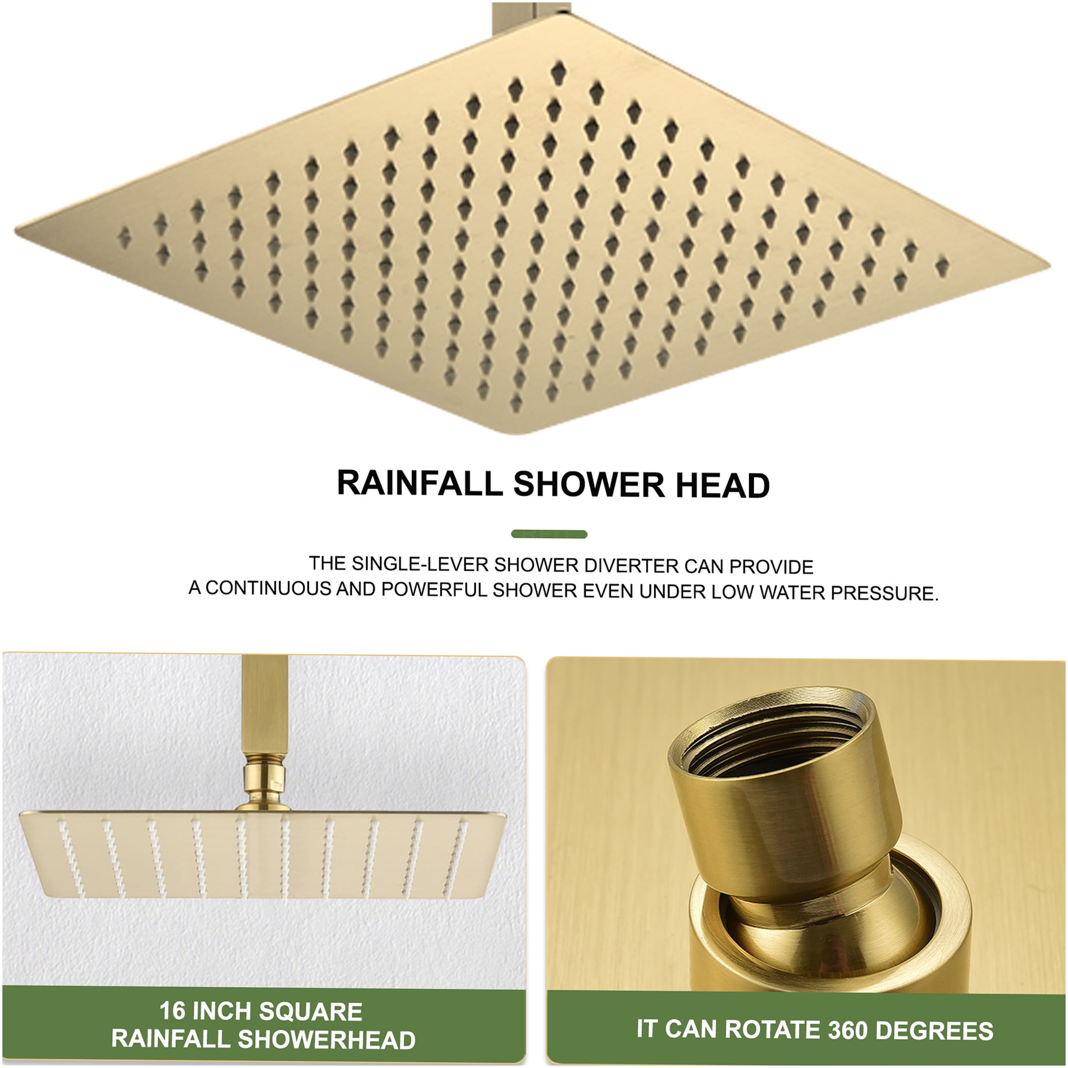 JERFIT 16 Inch Luxury Square Rain Shower Head, Brushed Gold Stainless Steel, High Pressure Rainfall Showerhead with Self-Clean Nozzles