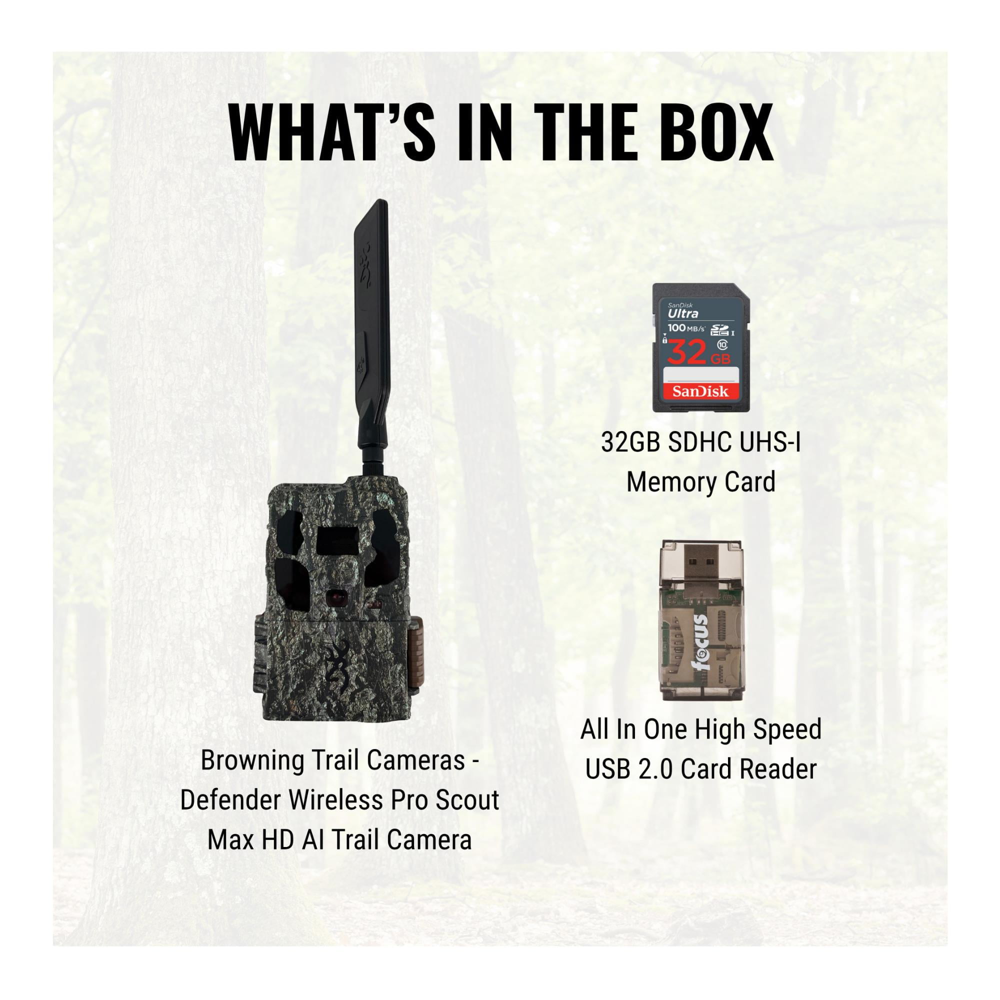 Browning Trail Cameras - Defender Wireless Pro Scout Max HD AI 46MP Trail Camera Bundle with 32GB Memory Card and Card Reader (3 Items)