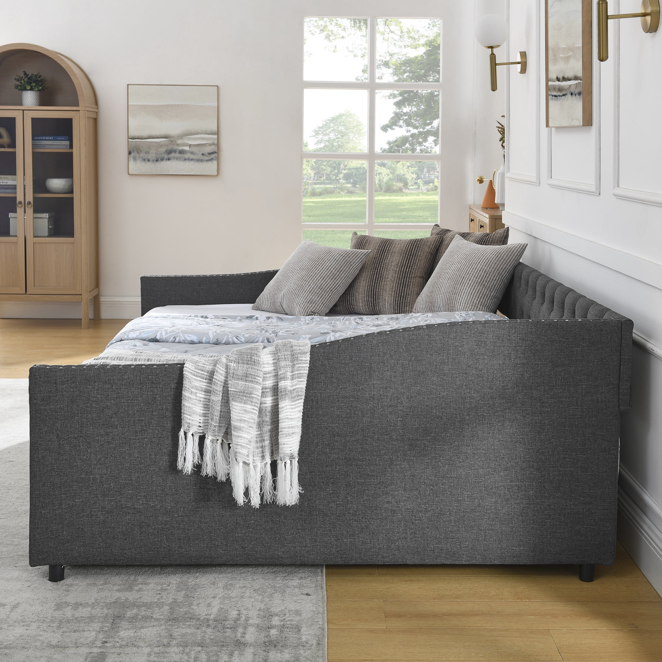 Noble House Queen Size Button Tufted Daybed, Linen Sofa Bed Frame with Storage Drawers and Nailhead Waved Arms, Dark Grey