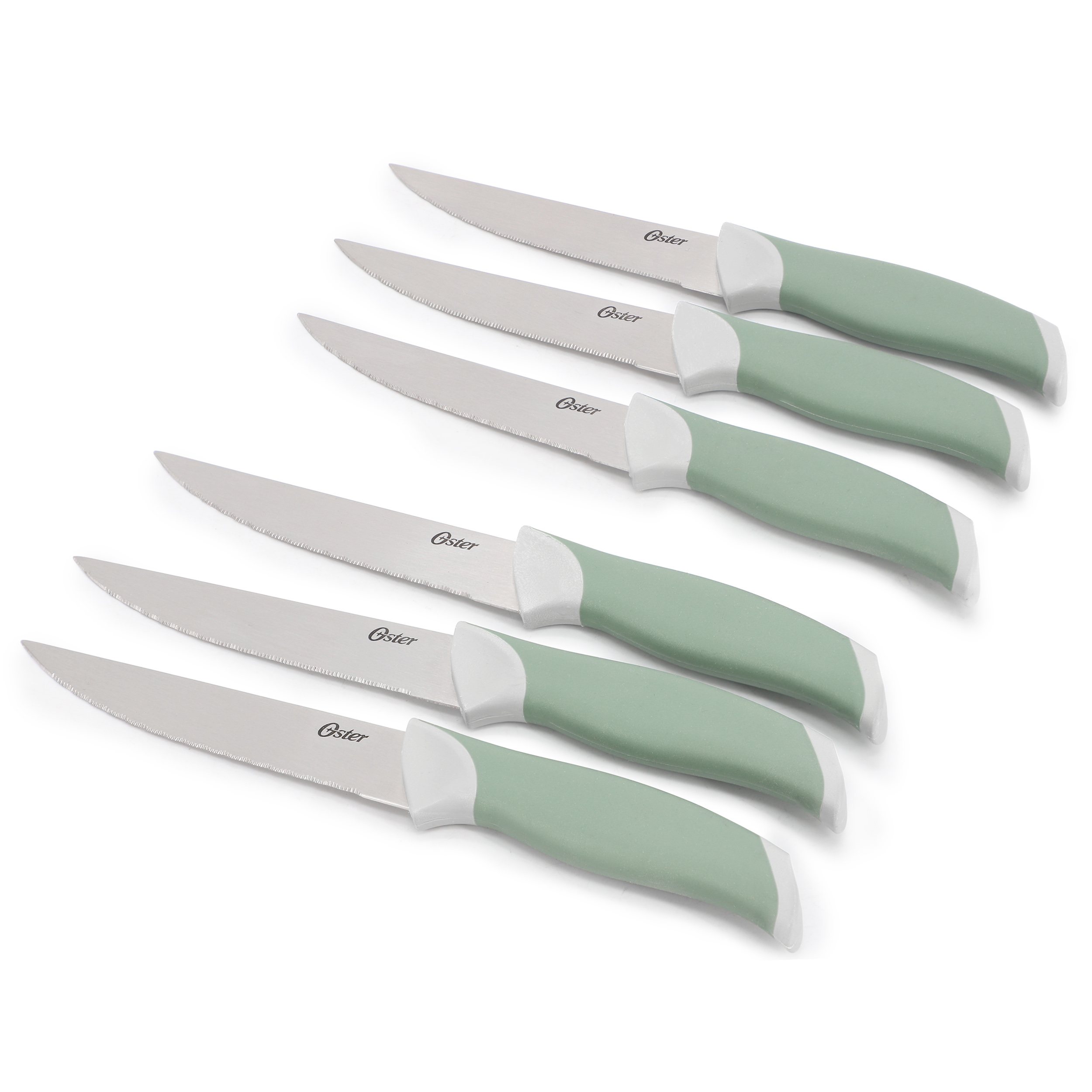 Oster Linbergh 14 Piece Stainless Steel Cutlery and Cutting Board Set in Green with Soft-Grip Handles