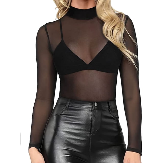 Xishao - Blusa femenina de malla transparente para discoteca, 1-high Neck (Black), XL Xishao ropa