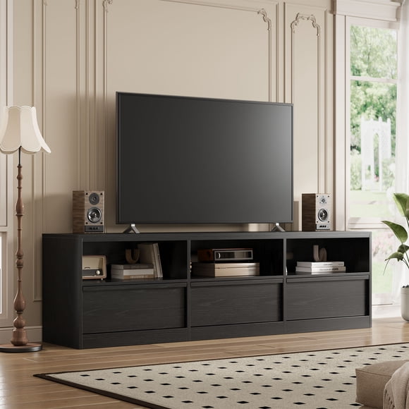 Mid Century Modern TV Stand for 65 70 75 Inch TVs, Industrial Entertainment Center with 3 Drawers & Open Shelves, Sturdy MDF for Living Room & Bedroom