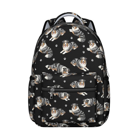 Merle Australian Shepherd and Dog Paw Backpack for School, Cute School Bag with Adjustable Shoulder Straps and Padded Back, 15.3"x11"x7.1"