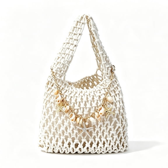 REMANLAND Women's White Woven Shoulder Bag with Seashell Charms