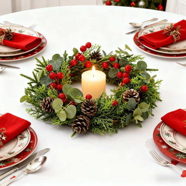 Artificial Flower Candle Ring with Blueberry Berries for Dining Table Centerpiece Wedding Party and Holiday Home Decor