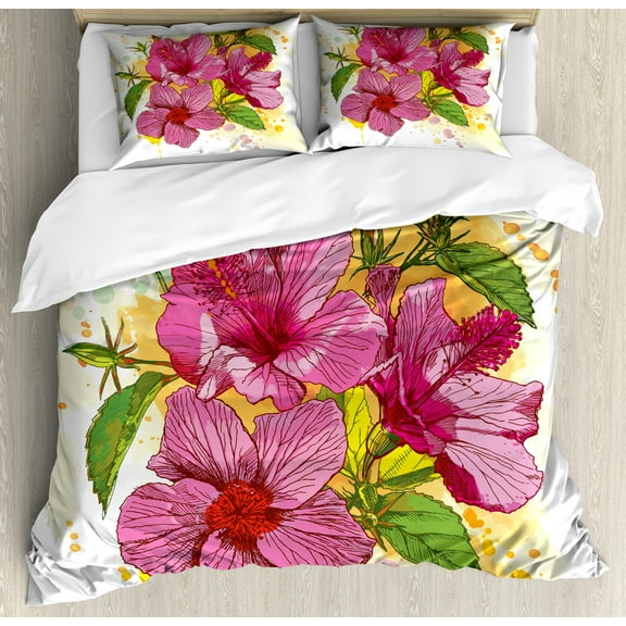 Floral Duvet Cover Set, Vibrant Hibiscus Flower Bouquet Exotic Watercolor Art, Decorative 3 Piece Bedding Set with 2 Pillow Shams, Calking Size, Earth Yellow Fuchsia, by Ambesonne