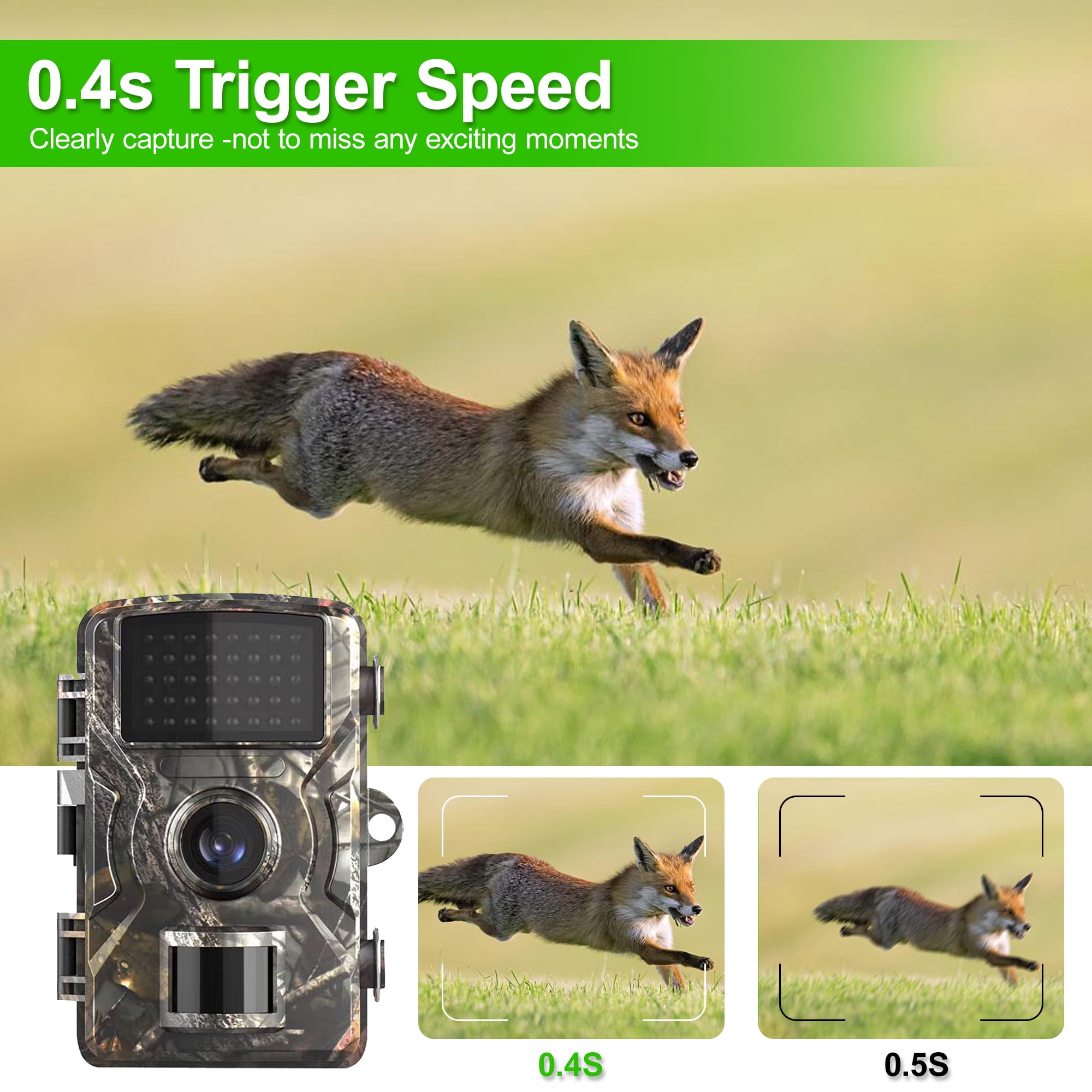 Trail Camera with 2K HD Night Vision, 4MP, 0.4s Trigger Speed, 130° Lens, IP66 Waterproof