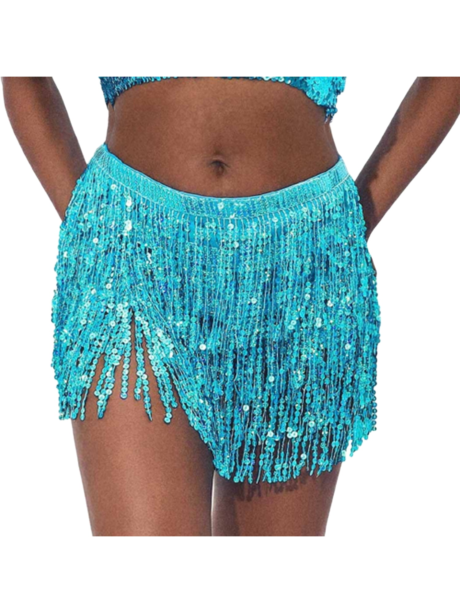 Women's Belly Dance Hip Skirt Tassel Sequins Hip Scarf Strappy Wrap Rave Skirts Party Clubwear 