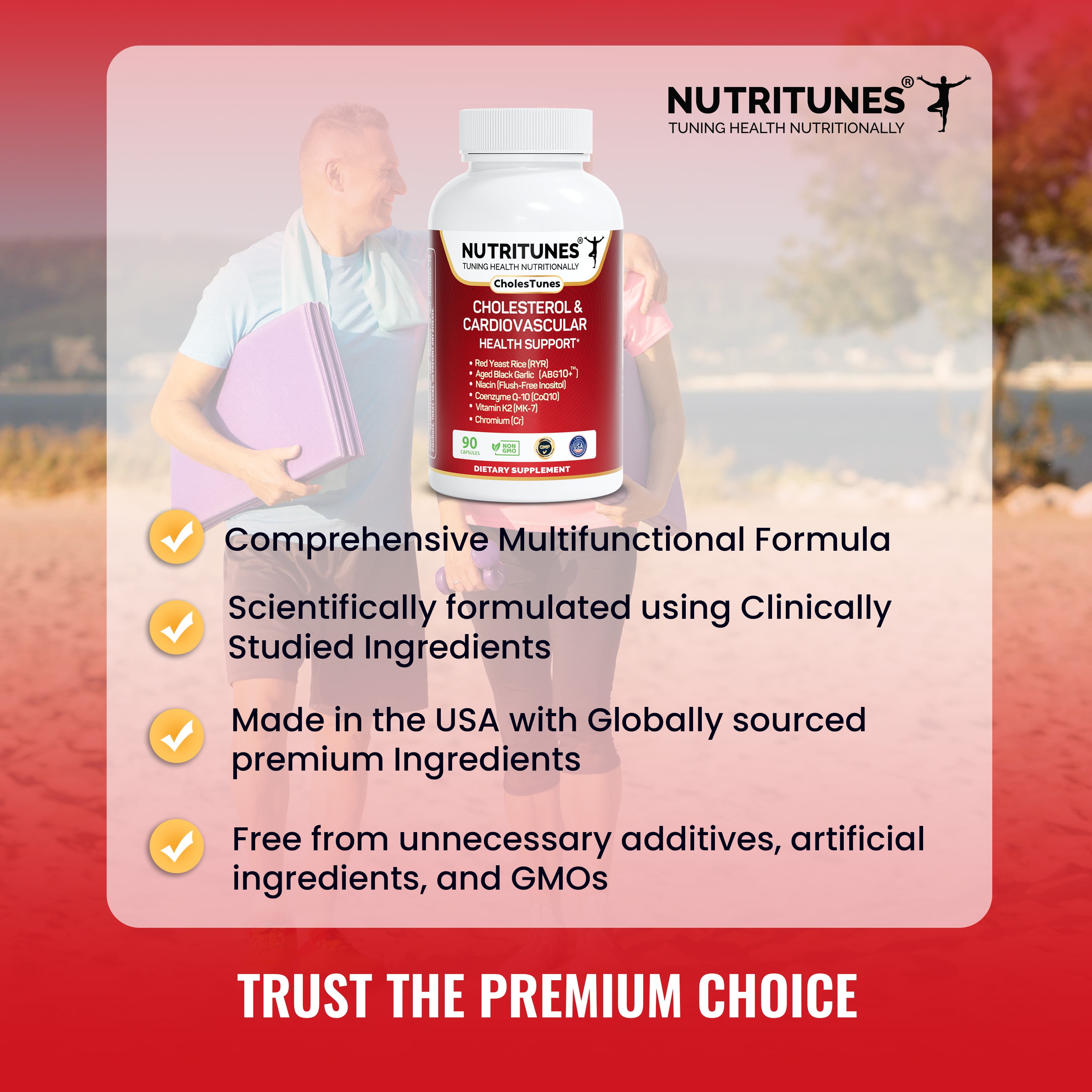 Cholestunes –Cholesterol & Heart Health Support Advanced Supplement  Red Yeast Rice (RYR), Aged Black Garlic CoQ10, Niacin (Flush-Free), Chromium & Vitamin K2– 90 Capsules