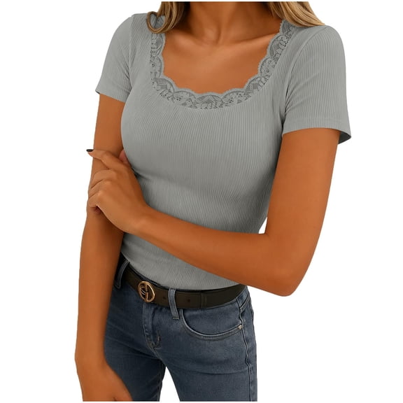 Women's Tops Scoop Neck Lace Trim Ribbed Knit Short Sleeve Tight Shirts Casual Fitted Basic Tee Spring Y2K Trendy Clothes