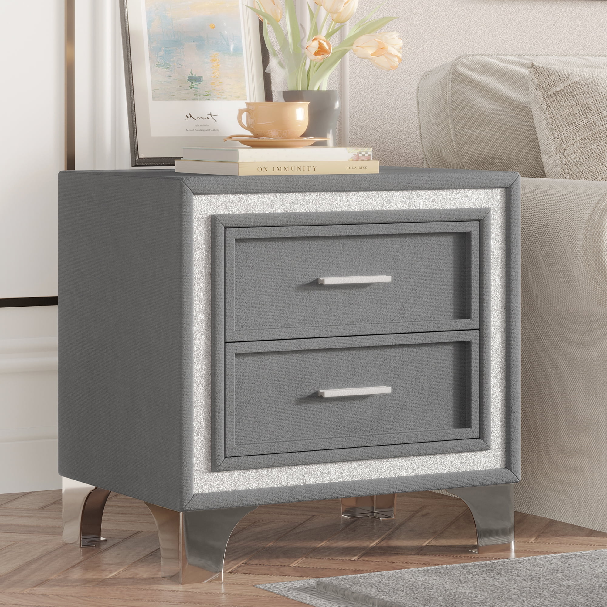 Aukfa 2-Drawer Nightstand, Modern Bedside Table for Bedroom/Living Room,Gray