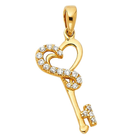 14k Yellow Gold Infinity Skeleton Key To My Heart Pendant Stylish Clear CZ Charm Jewelry Female