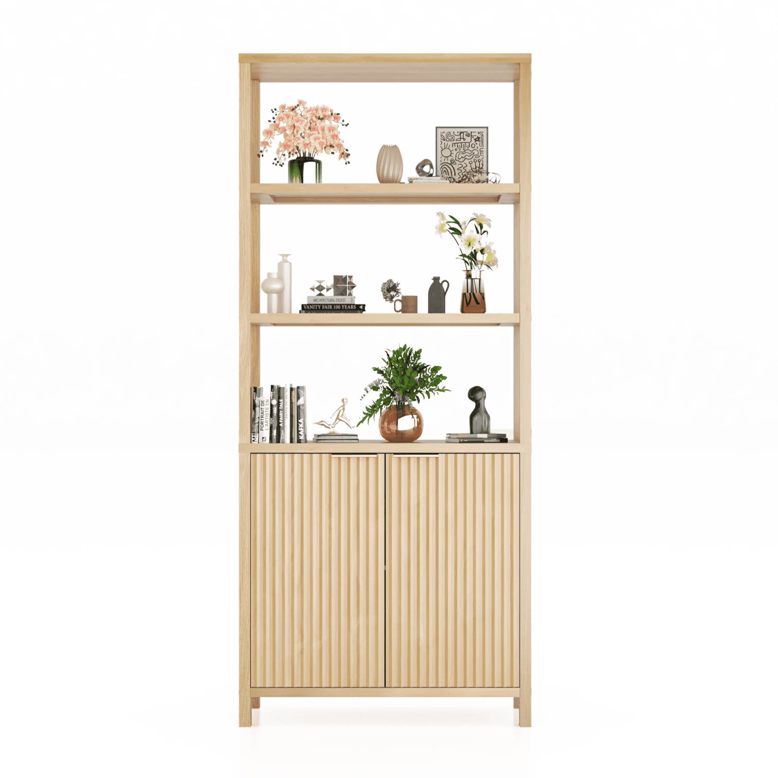 Ktaxon Fluted 6-Tier Bookshelf, 71" Modern Sturdy Bookcase with Storage Cabinet, Oak