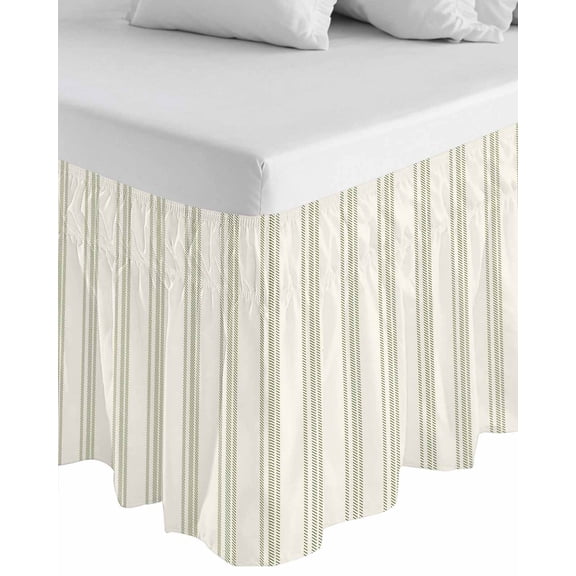 Sage Green Striped Wrap Around Bed Skirts for Queen Bed 16" Drop,Bed Skirt with Adjustable Elastic Belt Dust Ruffle Bed Valance for Bedroom Hotel Luxury Modern Farmhouse Green Stripes Bed Frame Cover