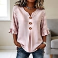 thumbnail image 4 of Qulqfy Blouses for Women Striped Fall 3/4 Sleeve Casual Pink Henley V-Neck Dressy Button Up Ruffle Womens Tops L, 4 of 5