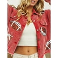 thumbnail image 2 of Women's Corduroy Shacket Jacket Football Print Long Sleeve Lapel Raw Hem Button-Up Loose Coat, 2 of 4