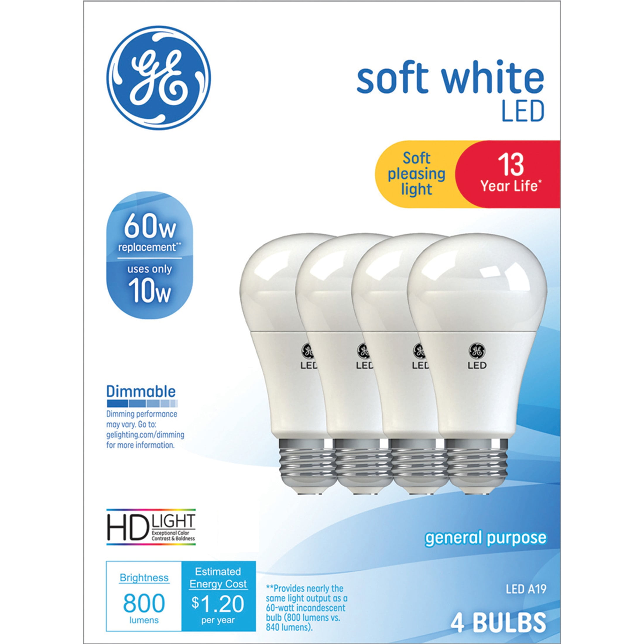 (2 pack) GE LED Light Bulbs, 60 Watt, Soft White, A19 Bulbs, Medium Base, Frosted Finish, 13yr, 4pk